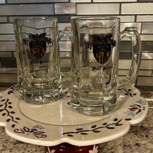 Set of Two Vintage West Point Glass Beer Mugs Steins Black Gold Textured Handle